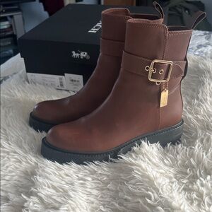 Coach Brown Leather Ankle Boots with Gold Buckle